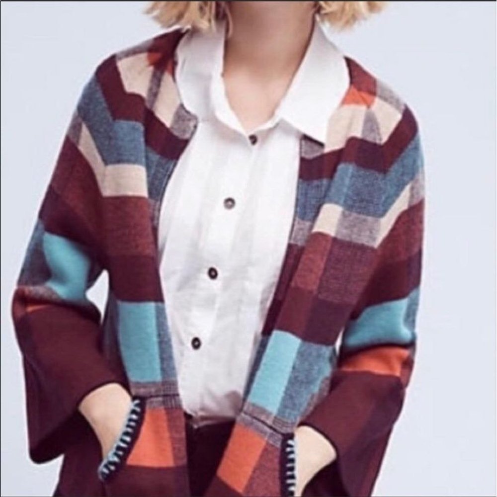 HWR Monogram Cardigan X Small Plaid Zip Up Swing Sweater Jacket Pockets Red Blue - Picture 2 of 13